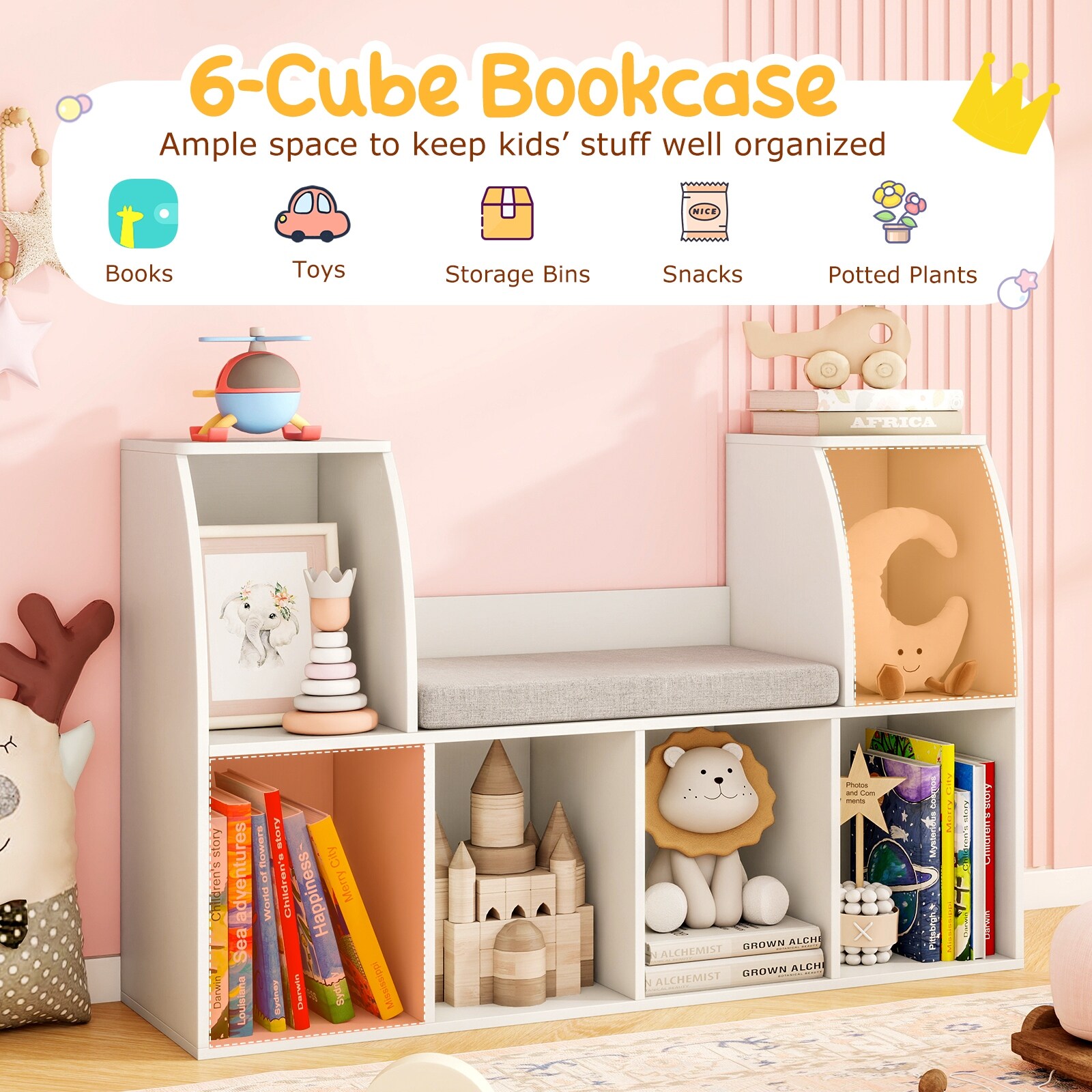 Gymax 40''Kids Bookshelf w/Reading Nook 6 Storage Cubbies & Seat