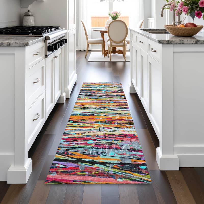 Machine Washable Indoor/Outdoor Abstract Stripes Chantille Rug