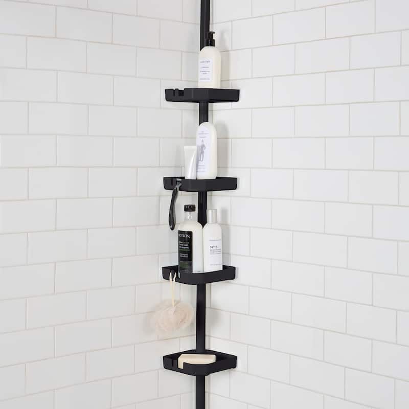 Bath Bliss 4 Tier Tension Corner Shower Organizer Caddy in Matte Black - 5.91" x 5.91" x 48"-101"