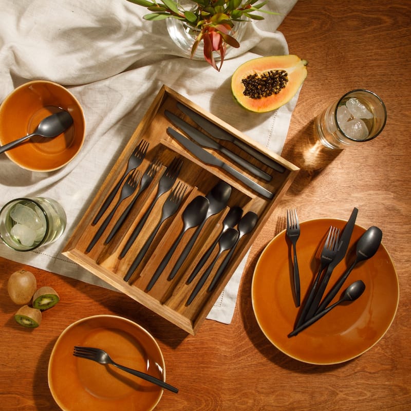 Bloomhouse 20 Piece Flatware 18/10 Stainless Steel Silverware Cutlery Utensil Set With Acacia Wood Caddy - Service for 4