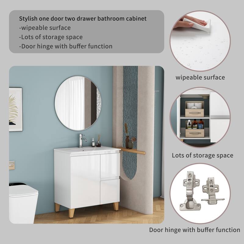 30" Wall-Mounted Bathroom Vanity With Ceramic Art Sink & 2-Soft-Close Door, KD-Packing, Plywood