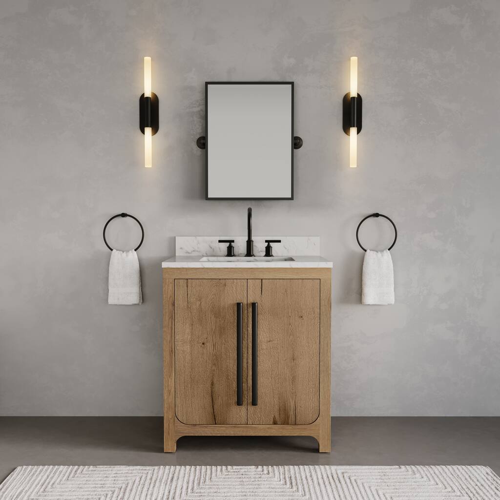 Perris 30 In. Single Rectangle Sink Bathroom Vanity With Engineered Carrara White Marble Top In Weathered Oak
