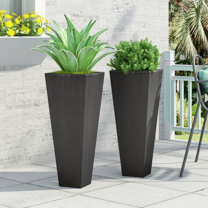 Ella Outdoor Cast Stone Outdoor Planters by Christopher Knight Home - 13.00" L x 13.00" W x 32.50" H - Matte Black