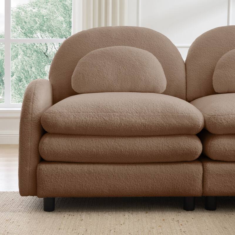 98.2" Teddy Fabric Sectional Sofa with Curved Pillows and Ottoman