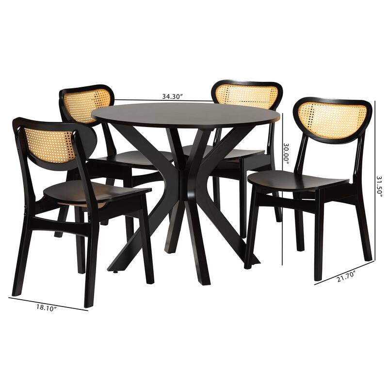 Giuliana Mid-Century Wood and Woven Rattan 5-Piece Dining Set