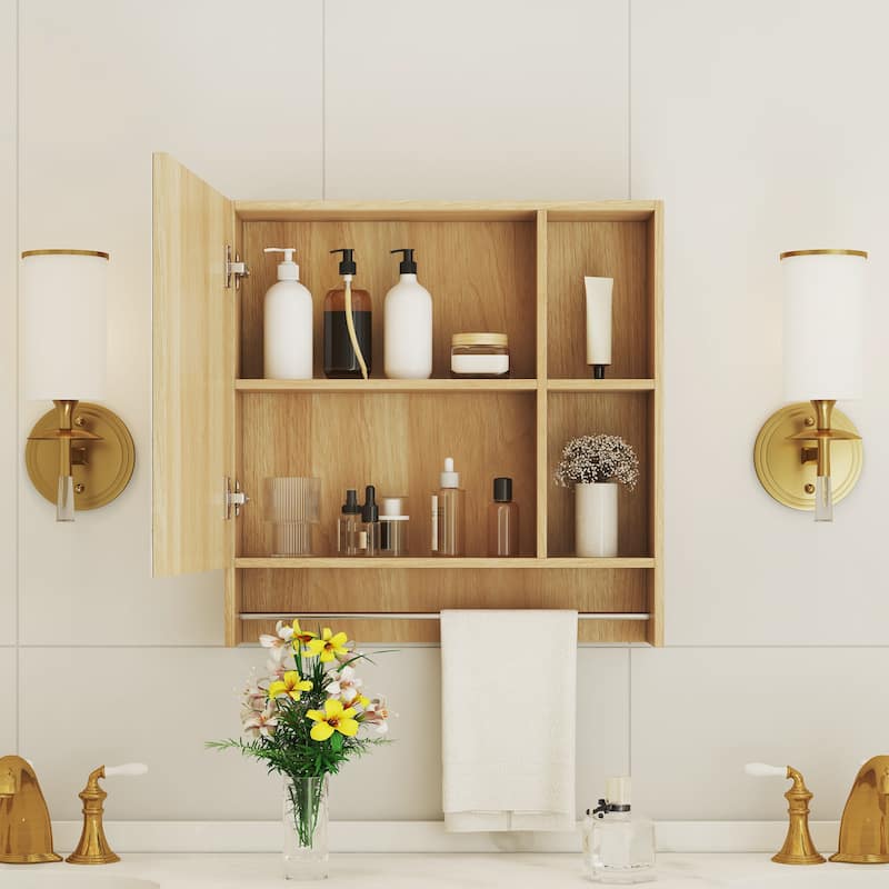Wall-mounted bathroom medicine cabinet with shelves and a towel rack, designed for over-the-toilet storage and organization. - Burly Wood