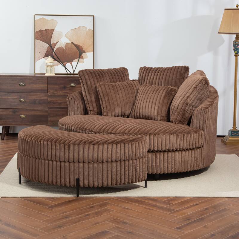 Modern Sofa Chair Round Accent Barrel Chair With 5 Pillows and Storage Ottoman