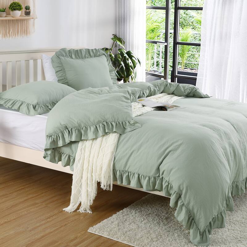 Soft Washed Microfiber Ruffle Duvet Cover Set - Sage Green - Queen