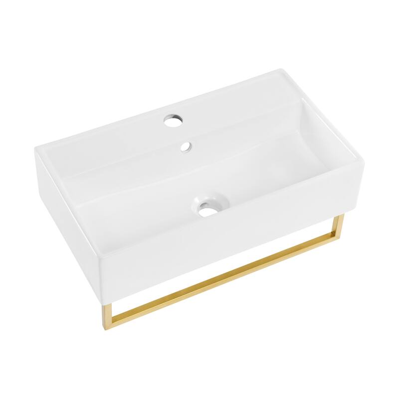 Reims 22" Wall-Mount Bathroom Sink With Brushed Gold Towel Bar - 22.05" x 12.4" 5.3" - 22.05" x 12.4" 5.3" - White