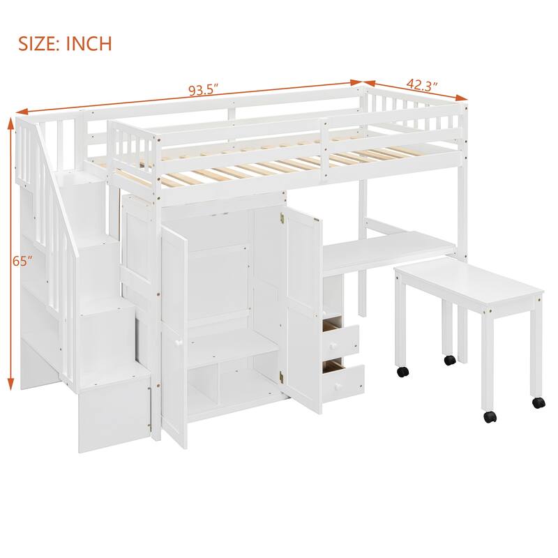 Space-Saving Twin Loft Bed with Stairs, Bookshelf, Drawers, Desk & Wardrobe for Kids & Teens - White