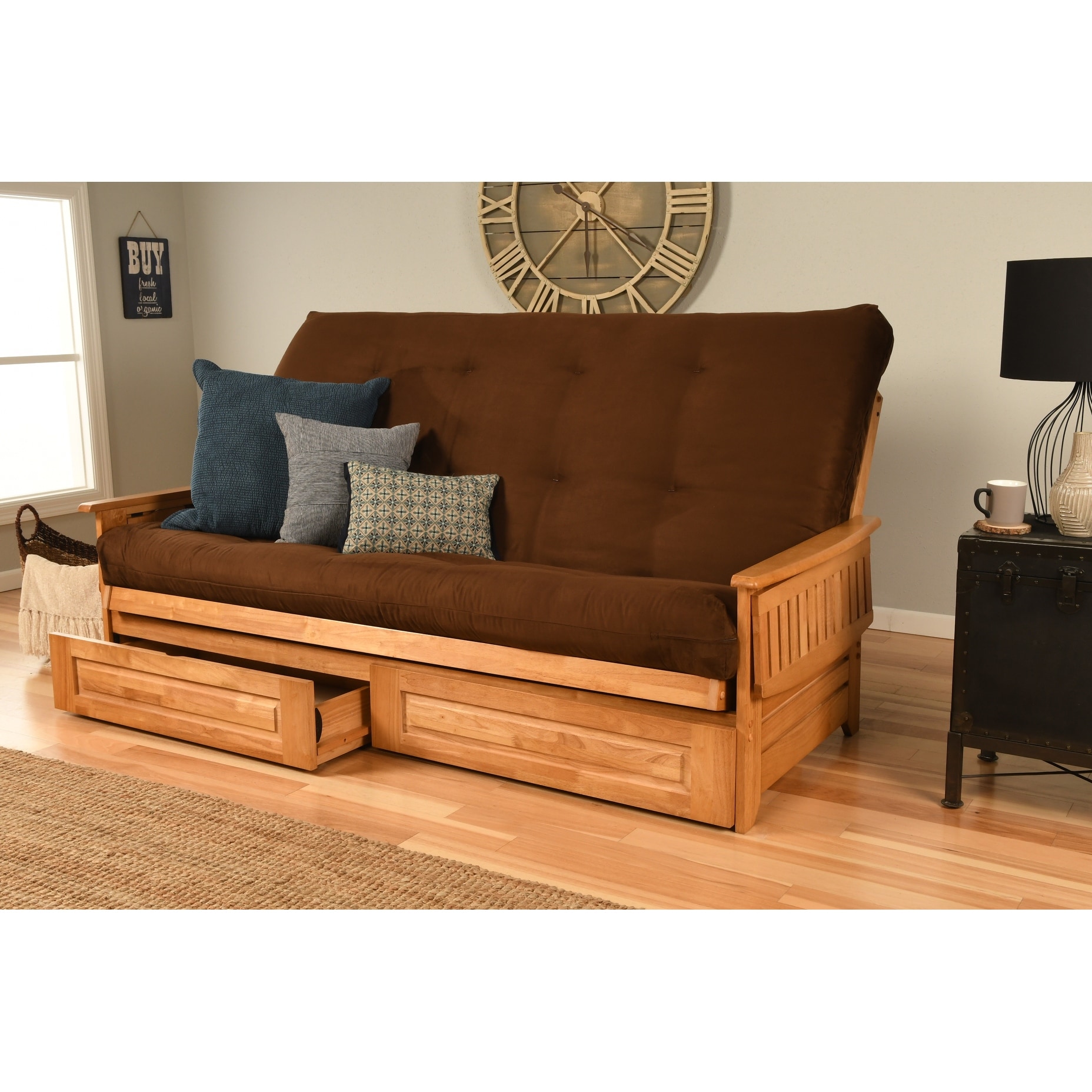 Somette Phoenix Queen size Storage Futon Set in Butternut Finish with Suede Mattress On Sale Bed Bath Beyond 34538741