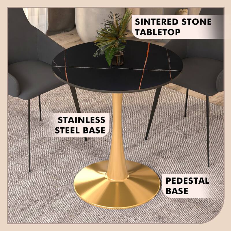 Bristol 24" Round Dining Table Sintered Stone Top & Gold Stainless Steel Pedestal Base for Kitchen & Dining Room
