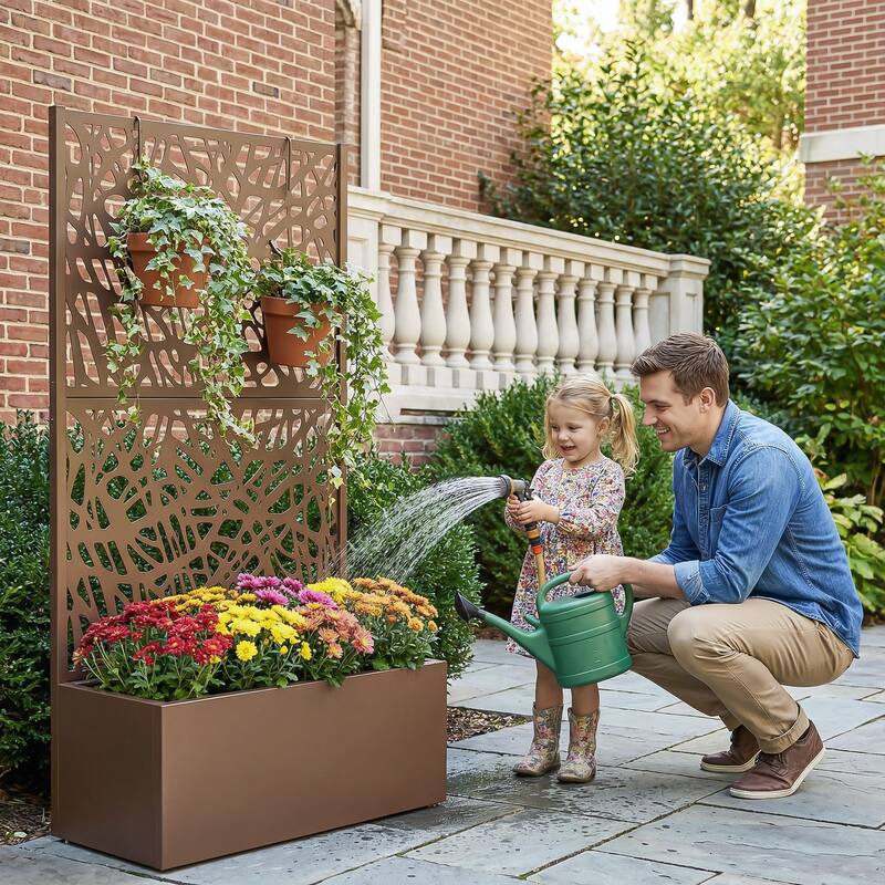 Metal Galvanized Planter Box with Trellis Privacy Screen Lockable Wheels