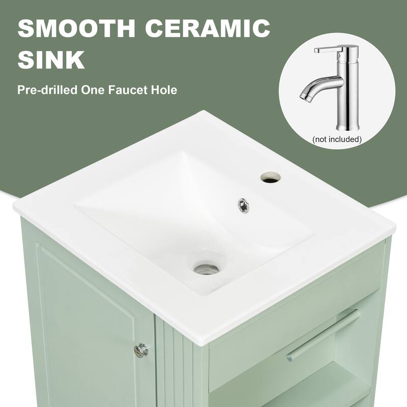 20" Small Bathroom Vanity with Ceramic Sink, Soft-Close Drawer, Open Shelves & Towel Bar, Modern MDF Freestanding Cabinet