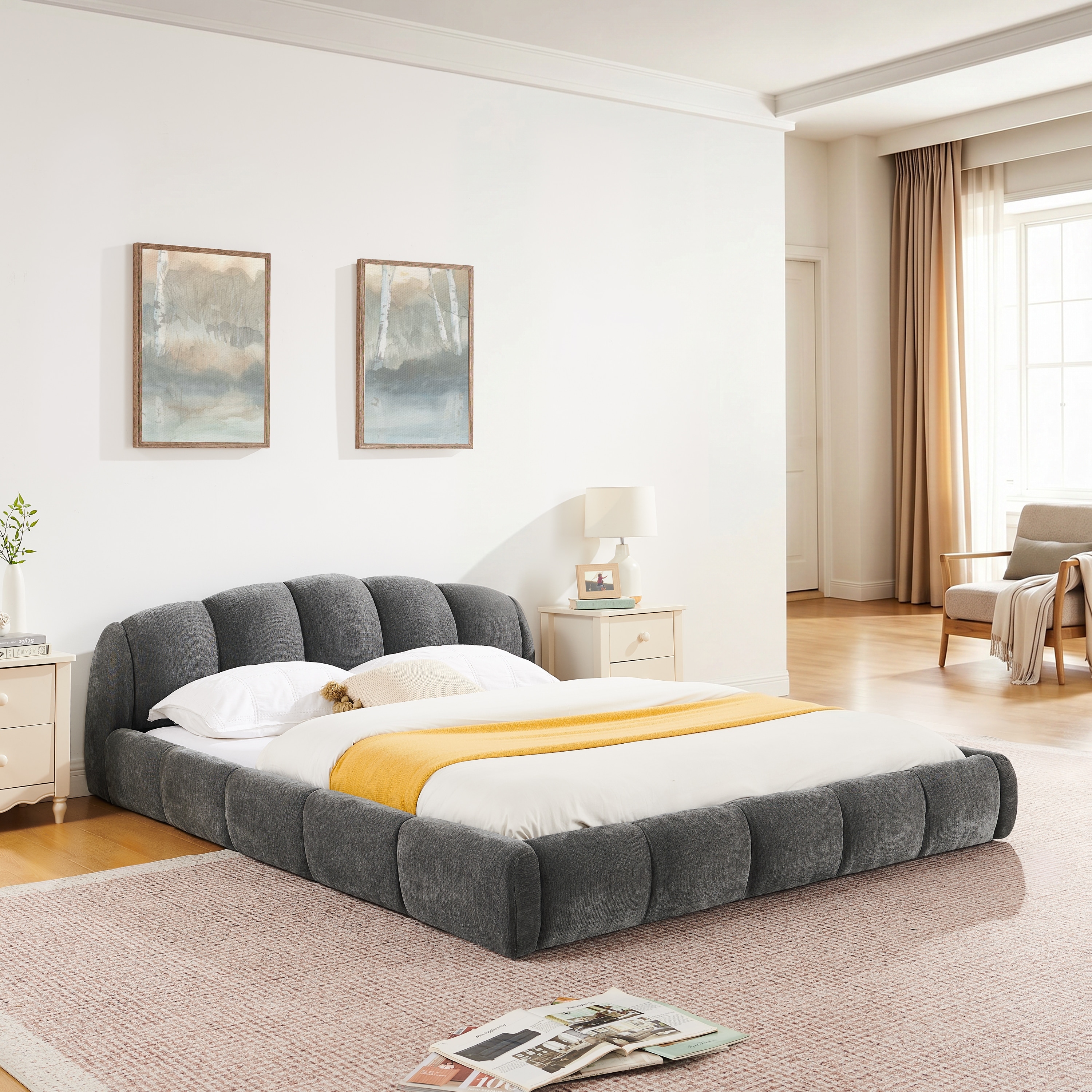 Queen/King Size Chenille Upholstered Bed Frame with Curved Headboard and Footboard