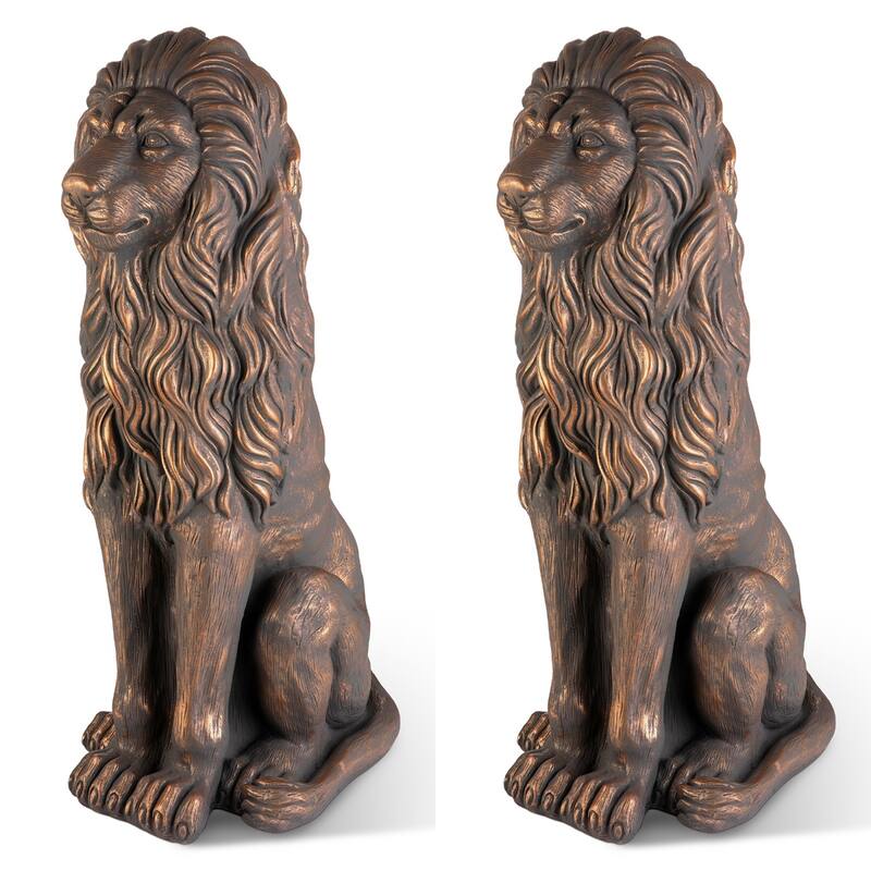 Glitzhome Set of 2 MGO Majestic Sitting Guardian Lion Statues Porch Sculpture Outdoor Indoor - 36.25"H Bronze
