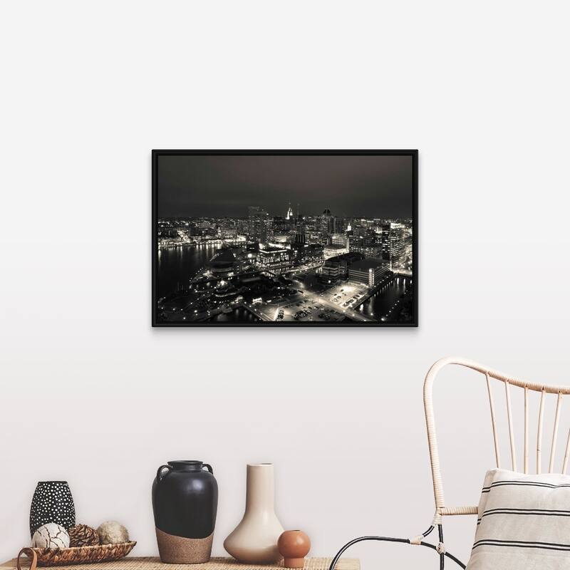 "Buildings near a harbor, Inner Harbor, Baltimore, Maryland" Black Float Frame Canvas Art - Multi - 36 x 24