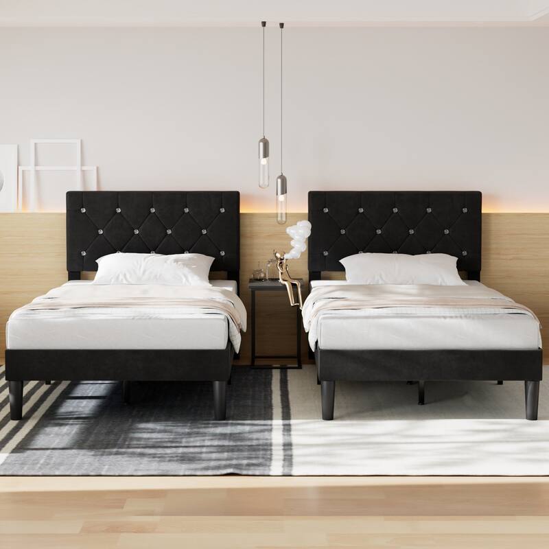 VECELO 2 Pack Upholstered Twin Size Kids Bed Frame Set of 2 Diamond Tufted Headboard with Crystal/Button Accents