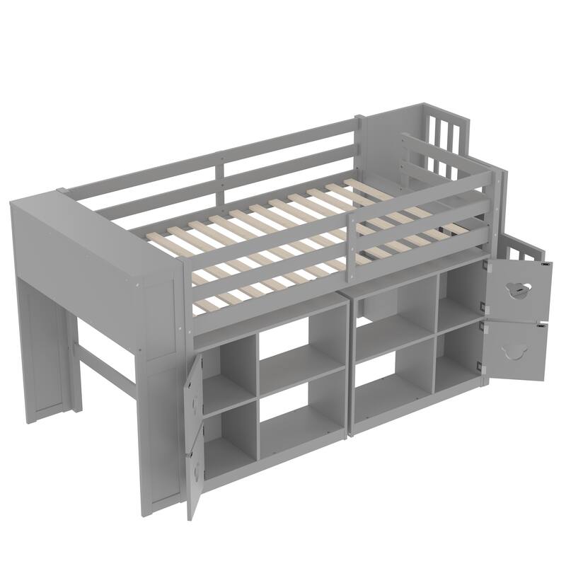 Grey Twin Size Low Loft Bed with Shelves, Storage Headboard, and Stairs