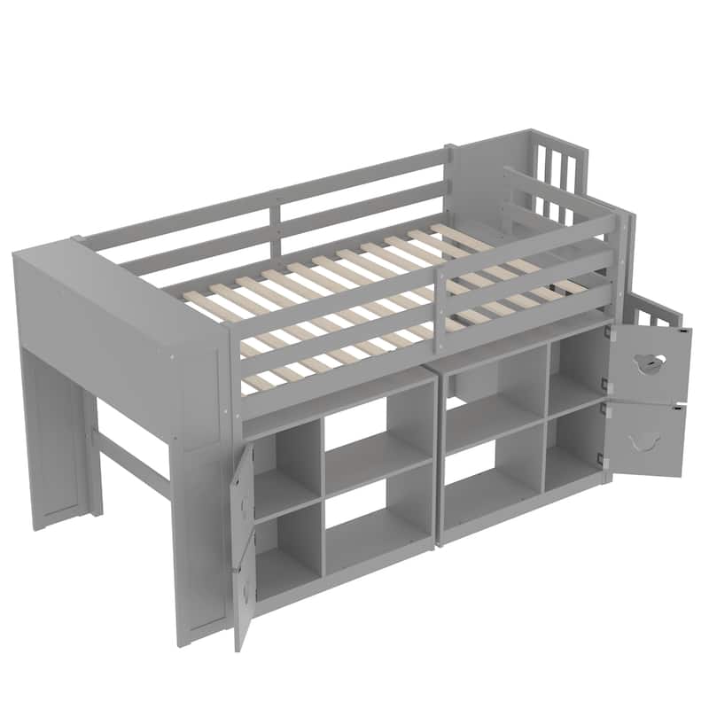 Kids Twin Size Captains Bed Low Loft Bed with LED, Cabinets, Stair Drawers and Shelves, Cabinet Door with Bear-shaped Handles