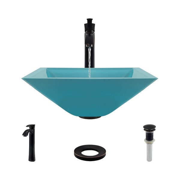 Rene R5-5003-CER-R9-7006 16-1/2" Glass Vessel Bathroom Sink with Vessel Faucet, Sink Ring, and Vessel Pop-Up Drain