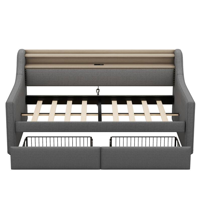 Twin Size Daybed with Storage Drawers,Upholstered Daybed w/LED Lights