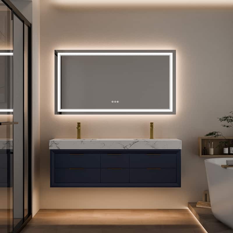 60" Wall-Mount Double Vanity with LED Light. - 60 inch