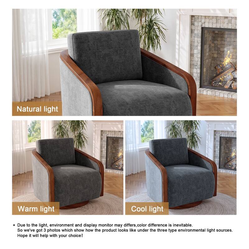 Upholstered Swivel Barrel Chair with Curved Wood Arms