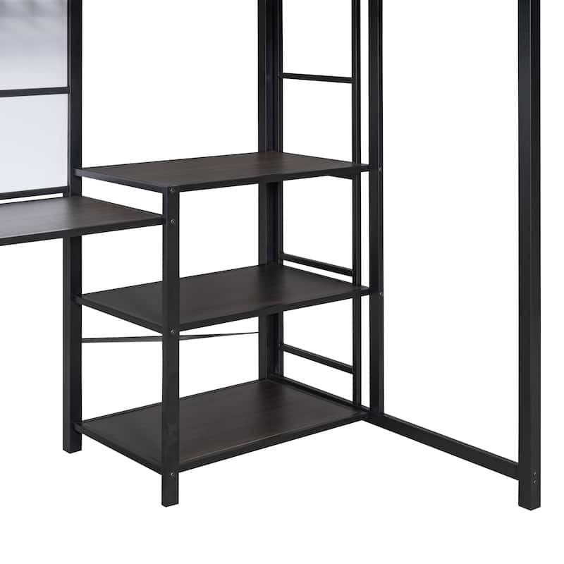 Roomfitters Twin Size Loft Bed with Desk and Whiteboard, Metal Loft Bed with 3 Shelves and Ladder, Durable & Easy to Assemble