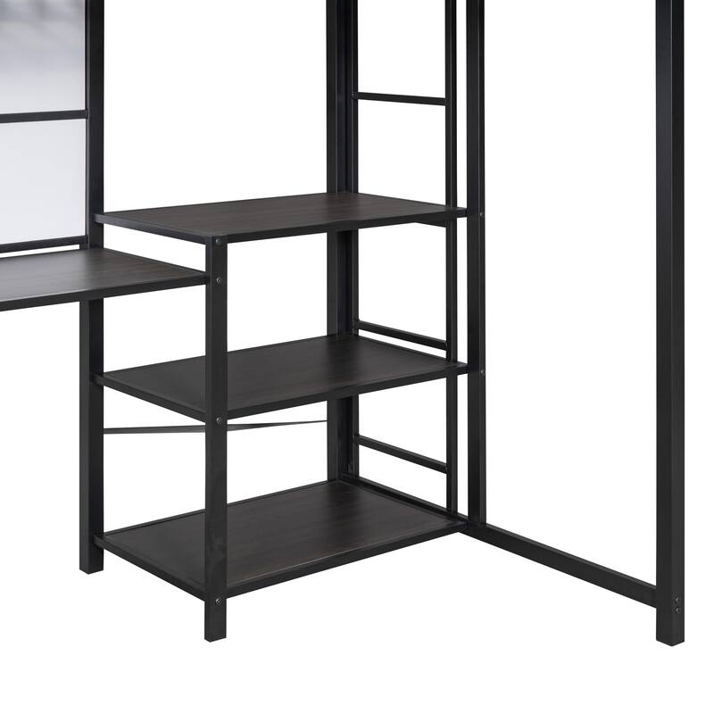 Twin Size Metal Loft Bed with Desk, Whiteboard, Shelves, and Ladder