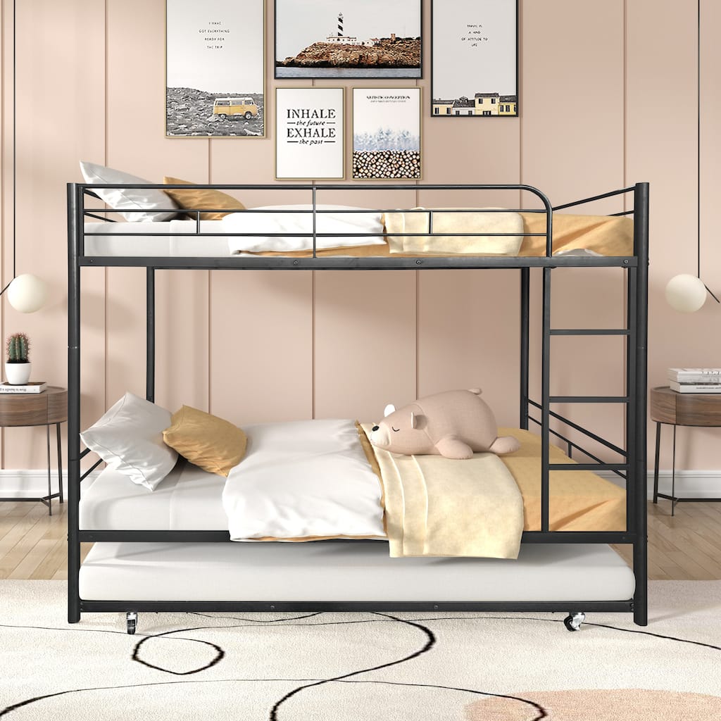 Convertible Twin Over Twin Bunk Bed with Trundle and Storage Space