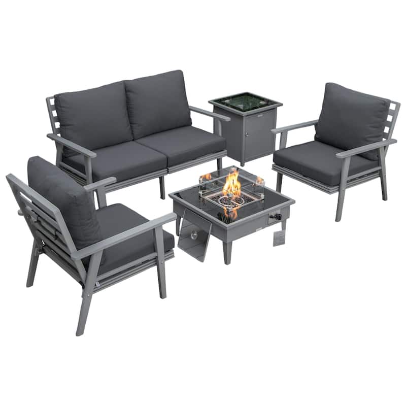 Walbrooke Modern 4-Piece Outdoor Aluminum Frame Patio Furniture Set with Propane Fire Pit Table - Charcoal