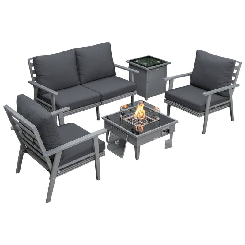 Walbrooke Modern 5-Piece Outdoor Aluminum Frame Patio Furniture Set with Propane Fire Pit Table - Charcoal