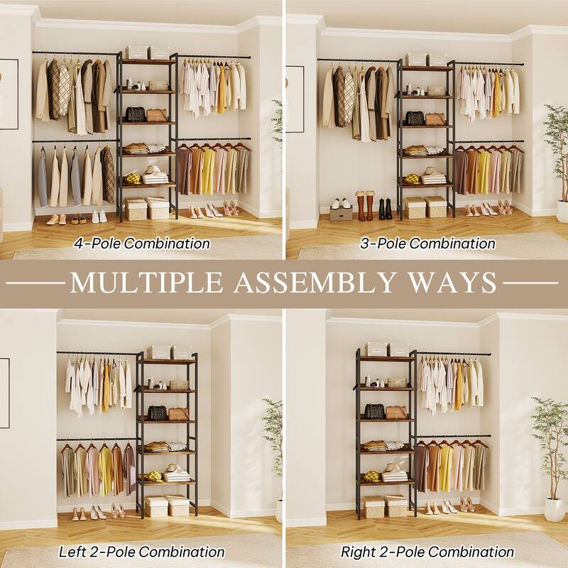 Adjustable Closet Organizer System with 4 Hanger Rods and 5-Tier Shelves for 6-9 Ft Space