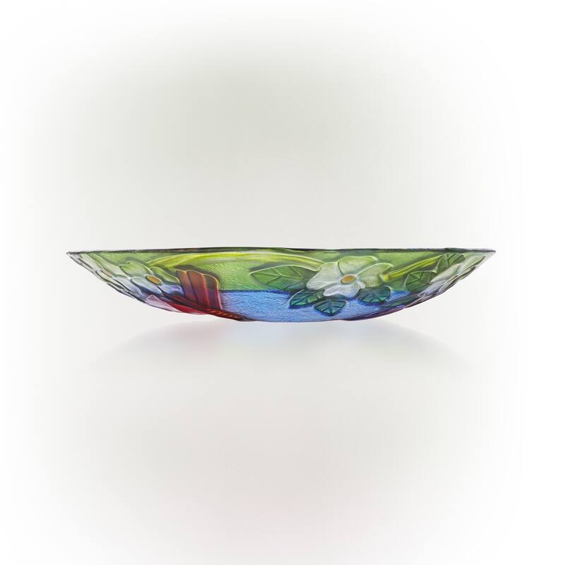 Alpine Corporation 18" Round Outdoor Birdbath Bowl Topper with Painted Red Cardinal and Floral Design
