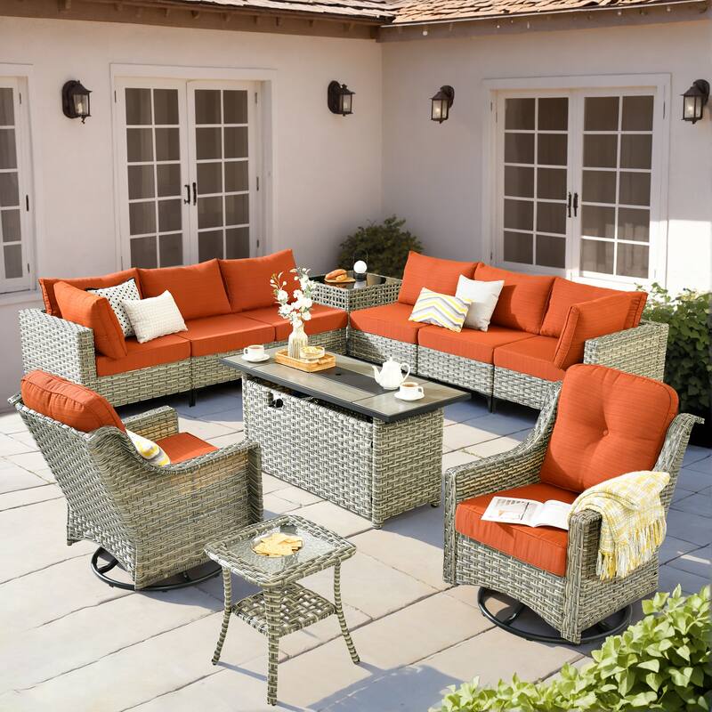OVIOS 11-Piece Outdoor Wicker Swivel Chair Set With Solar-Powered Coffee Table&Fire Pit - Orange/Red