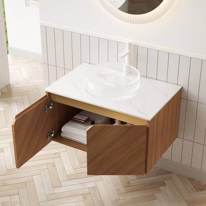 30" Floating Bathroom Vanity with Stone Top & Glass Vessel Sink, Plywood Double-Door Cabinet in Brown Oak