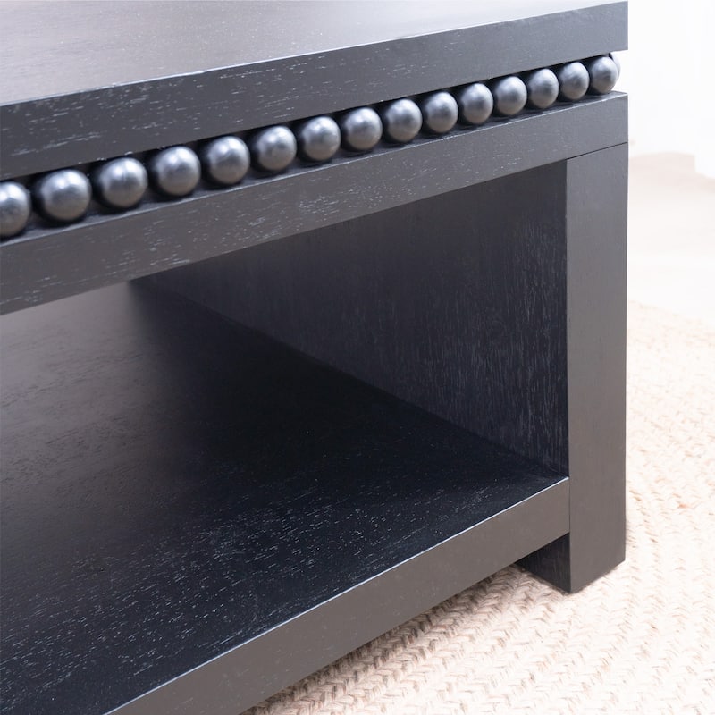 47 inch Modern Black Coffee Table Beaded Trim Rectangular Open Storage Shelf Living Room