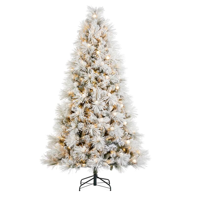 Glitzhome 7.5FT/9FT Pre-Lit Flocked Full Snowy Globe Pine Artificial Christmas Tree with Foot Switch
