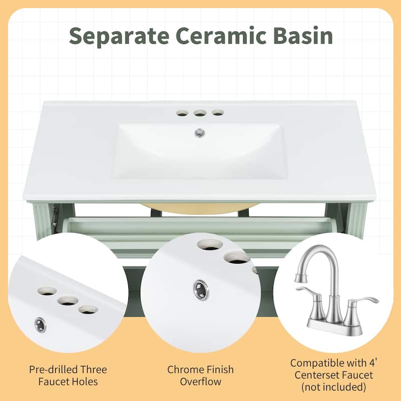 Modern 36 Inch Bathroom Vanity with Ceramic Sink, Solid Wood Frame, Golden Handles, Flip-Out Top Drawer & Storage Cabinet