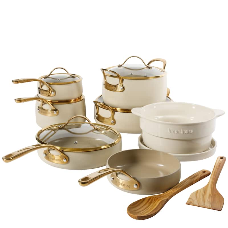 Bloomhouse 15 Piece Pots and Pans Heavy Duty Aluminum Premium PFA Free Ceramic Nonstick - Almond Cream with Gold Handle