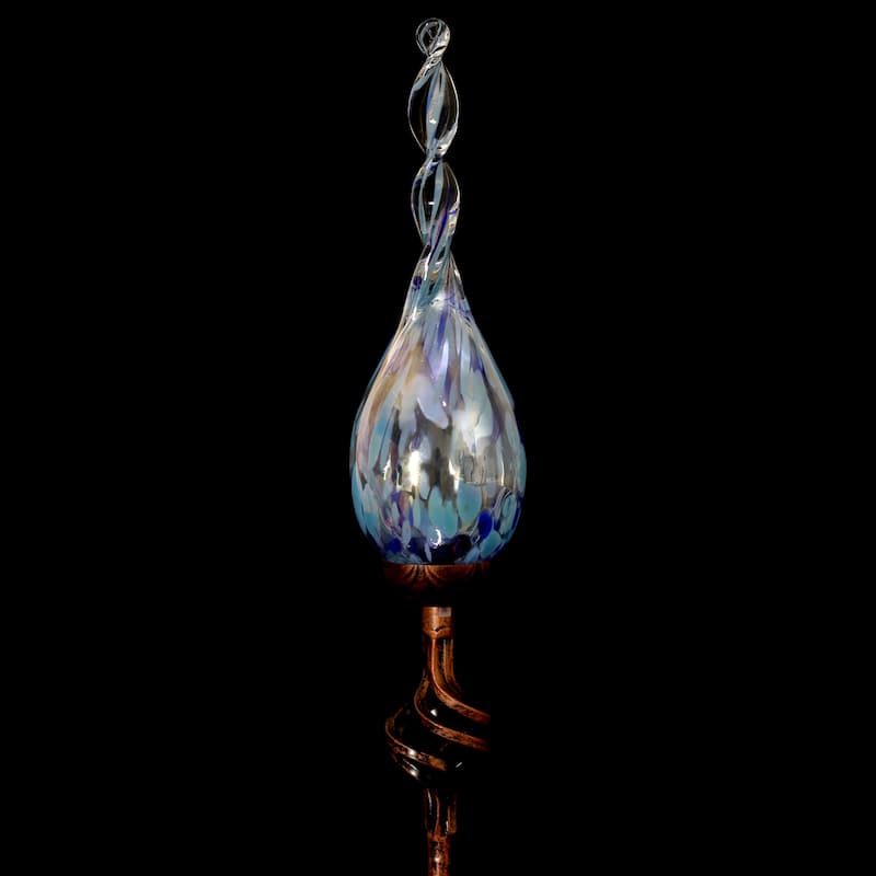 Exhart Solar Pearlized Hand Blown Glass Twisted Flame Garden Stake with Metal Finial Detail, 36 Inch