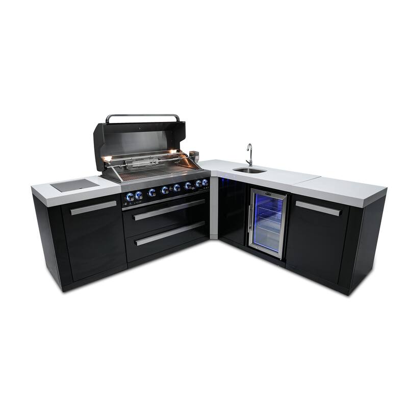 Mont Alpi MAi805-BSS90BEV 6-Burner L-Shaped Black Stainless Steel Modular Outdoor Kitchen Island BBQ Grill with Beverage Center