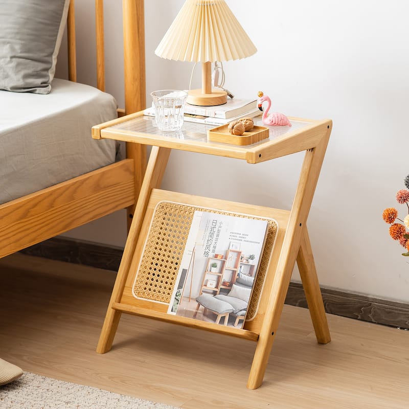 Gymax 2 Pieces Boho End Table with Magazine Rack Versatile Bamboo
