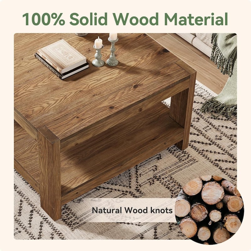 2-Tier Solid Wood Coffee Table, 31.5" Square Farmhouse Center Table with Storage Shelf for Living Room