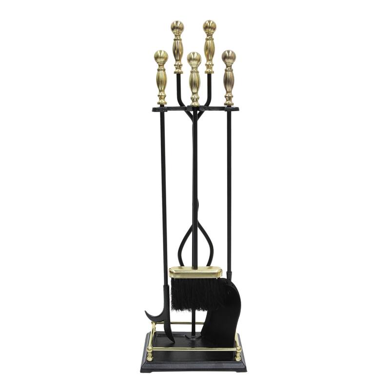 Achla Designs Oxford Set of 4 Fireplace Tools, 30.5 Inch Tall, Black and Polished Brass - Black and Polished Brass