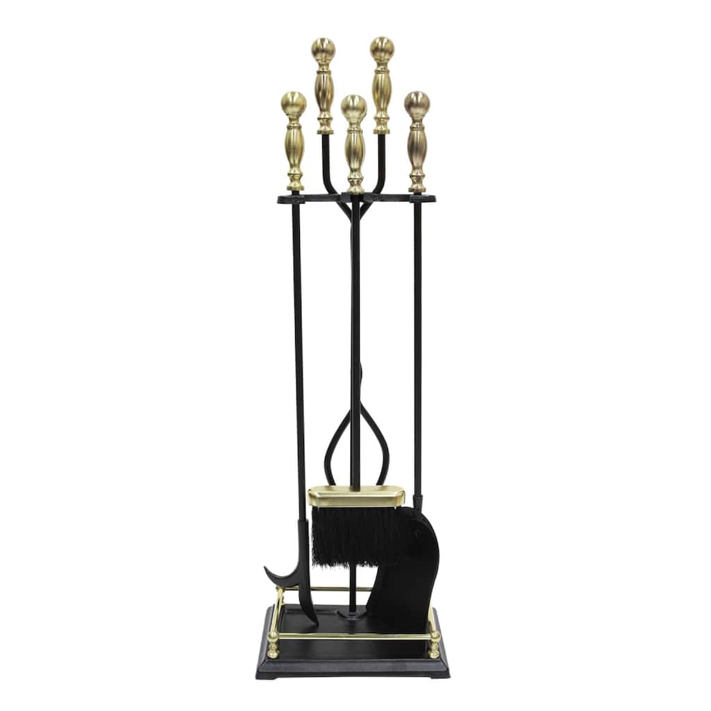 Achla Designs Oxford Set of 4 Fireplace Tools, 30.5 Inch Tall, Black and Polished Brass