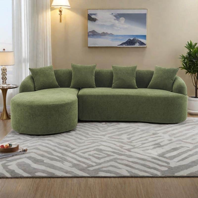 98.4" Chenille L-Shaped 3-Seater Sofa with Chaise Lounge and 4 Pillows - Antique Green,Green