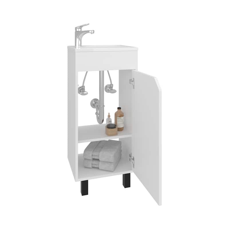 Wide One-Door Cabinet, Free Standing Vanity With Resin Sink And Two Shelves, Bathroom Storage,White