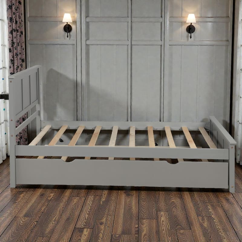 Twin Size Platform Bed with Trundle, Solid Wood Frame, Space-Saving Design, Pine & MDF Construction, No Box Spring Needed